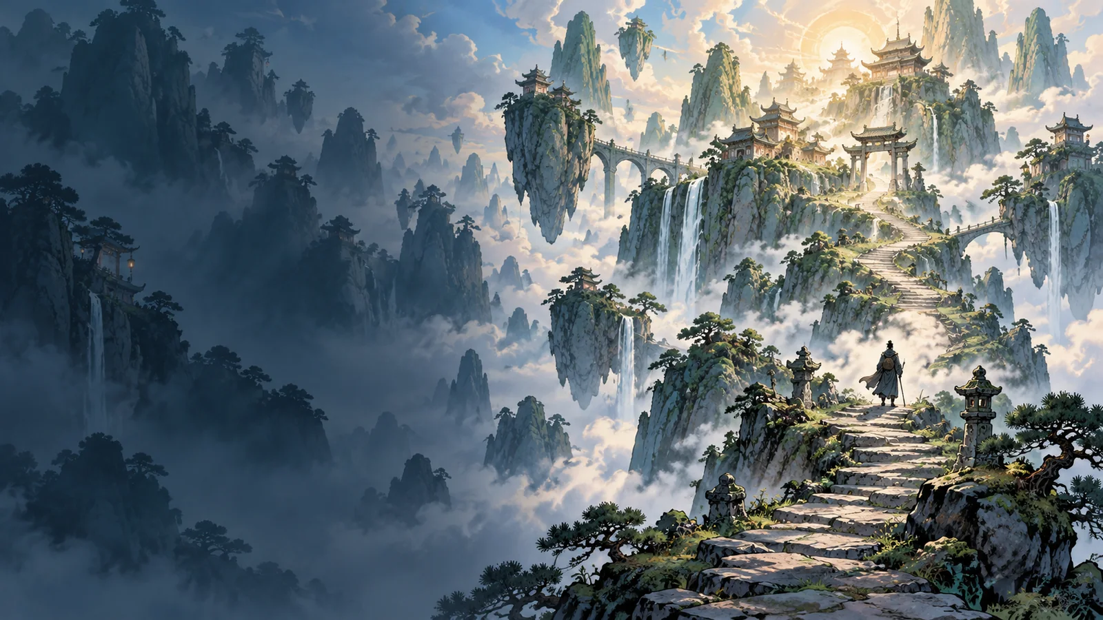 Blue-green mountains, floating pavilions and rising stone steps amid clouds