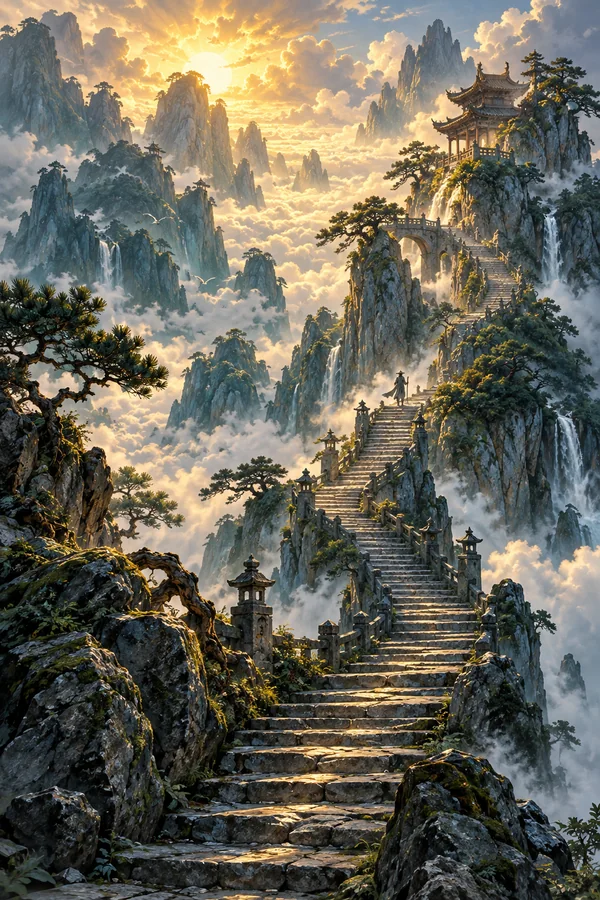 金色晨光照亮云山与古亭,石阶上有远行者的背影