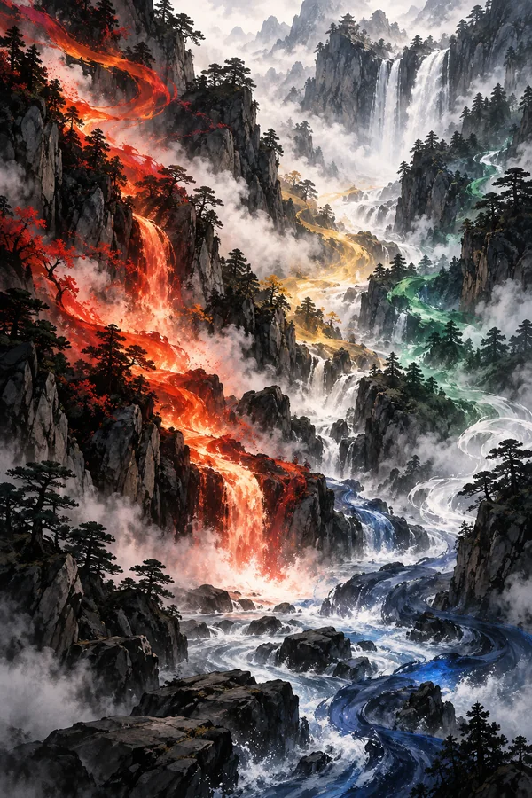 浓雾山谷中的瀑布与五种色彩的光带交织