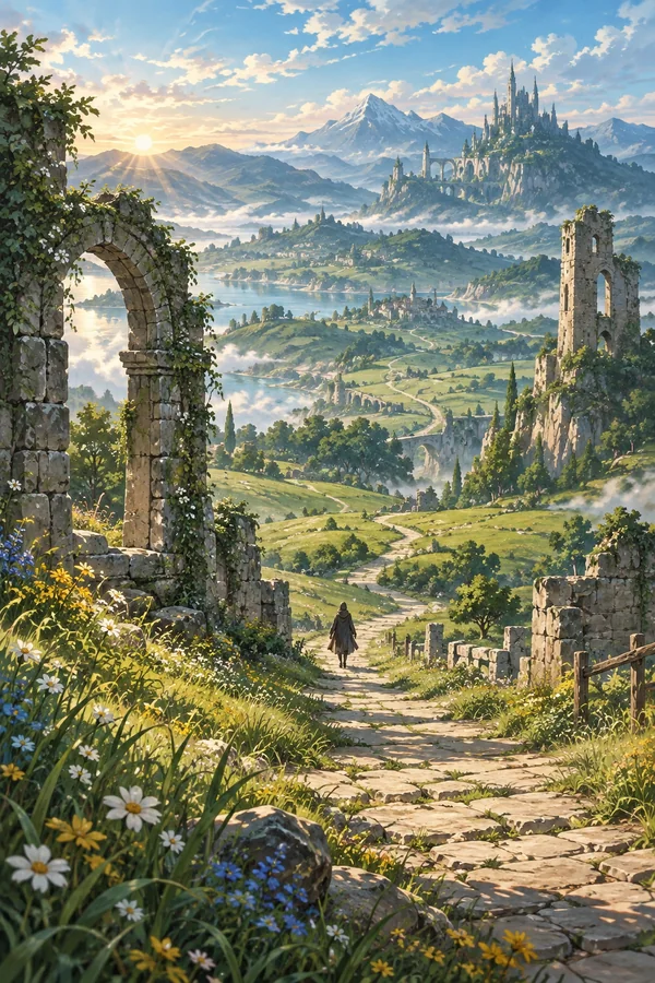 蓝绿色草原上蜿蜒的道路通向古老遗迹，晨光透过云层