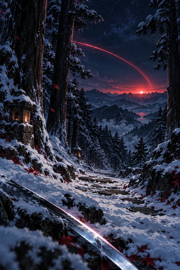 雪松覆盖的夜色山路上，一道红色光线划过白雪