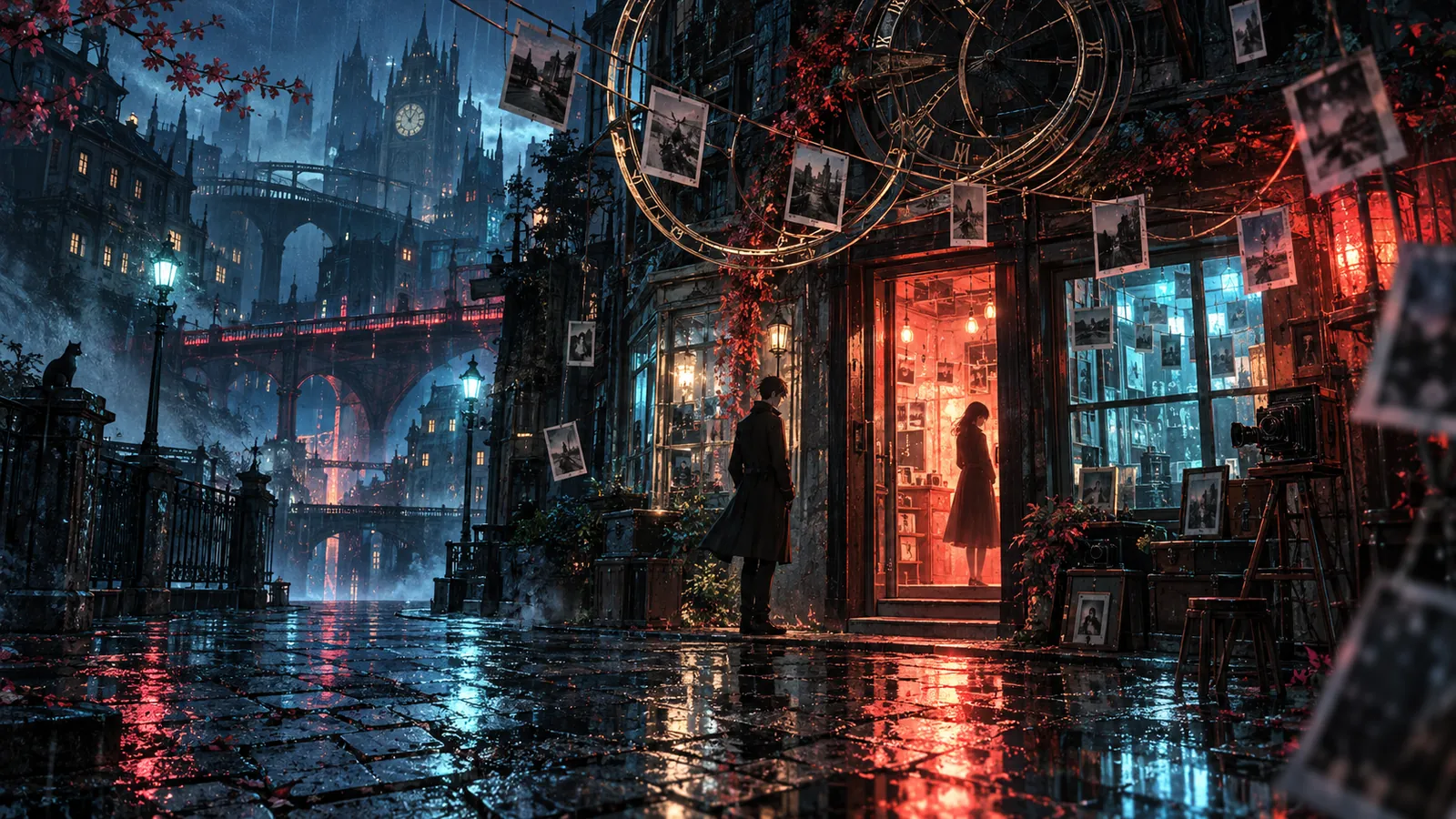 Neon, floating photographs and clock-shaped light outside a studio on a rainy night