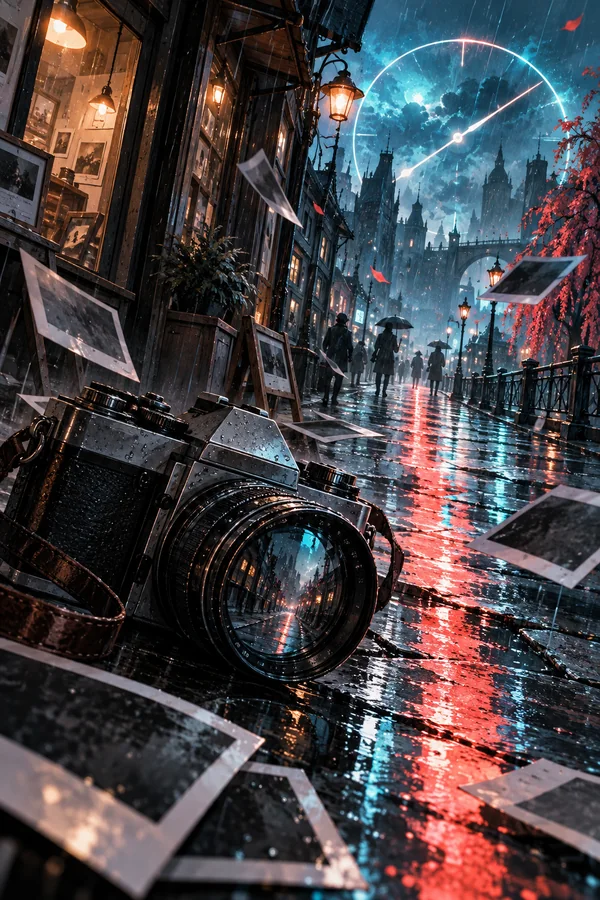 青红色灯光下的相机、空白照片和雨夜街道
