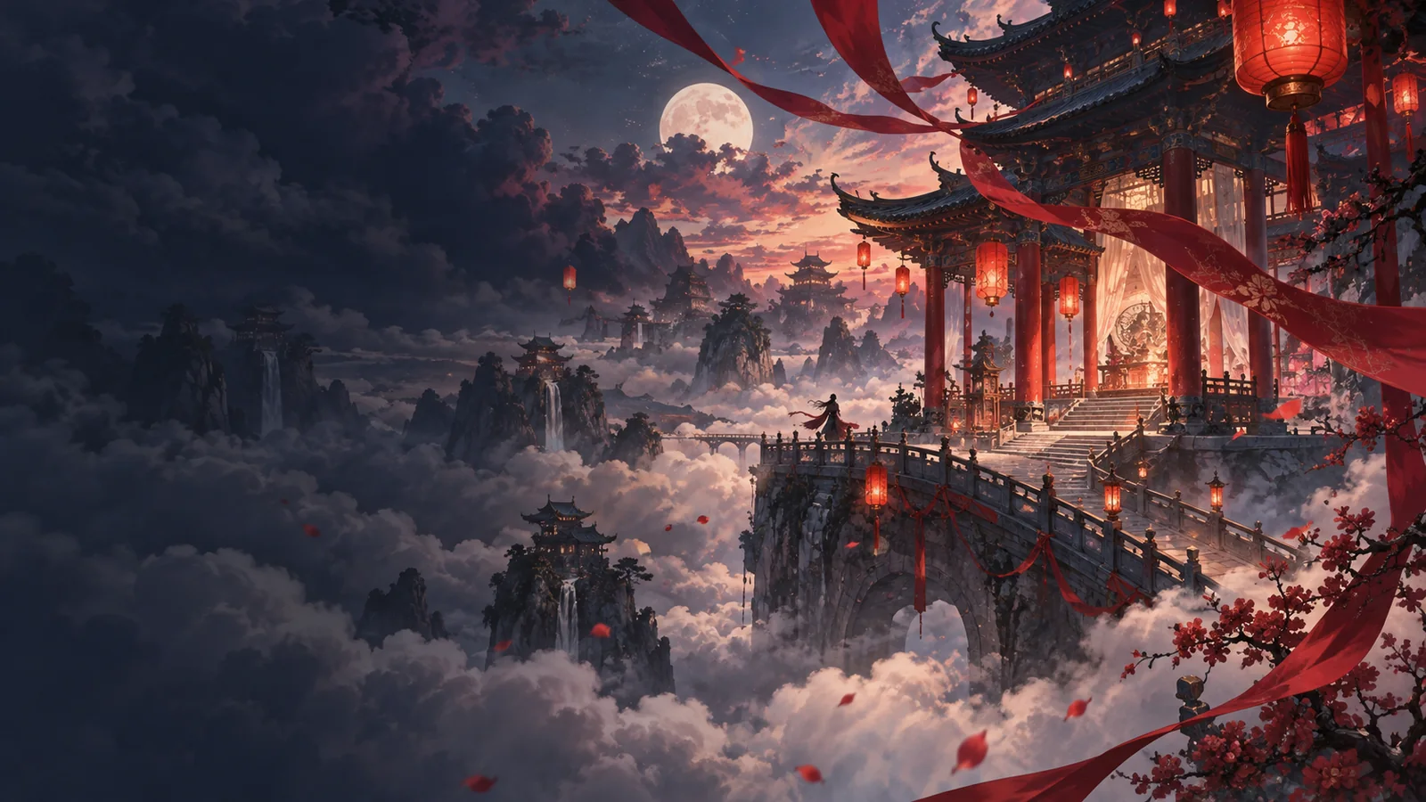 Ancient pavilions, red lanterns and flowing silk above a twilight sea of clouds
