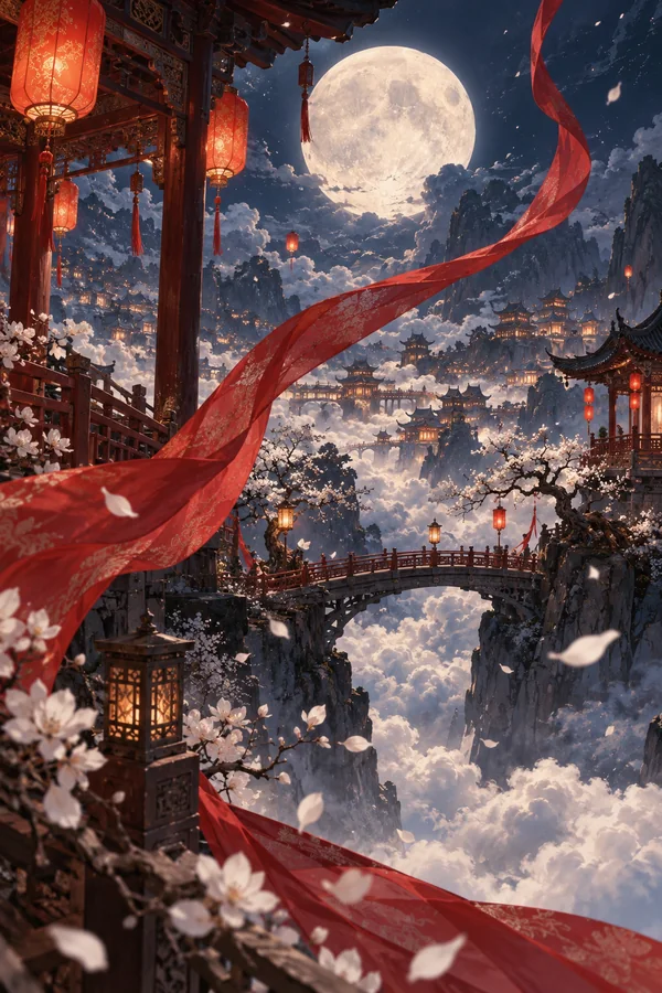 红色灯笼与长绸围绕云中楼阁,远处映着一轮明月