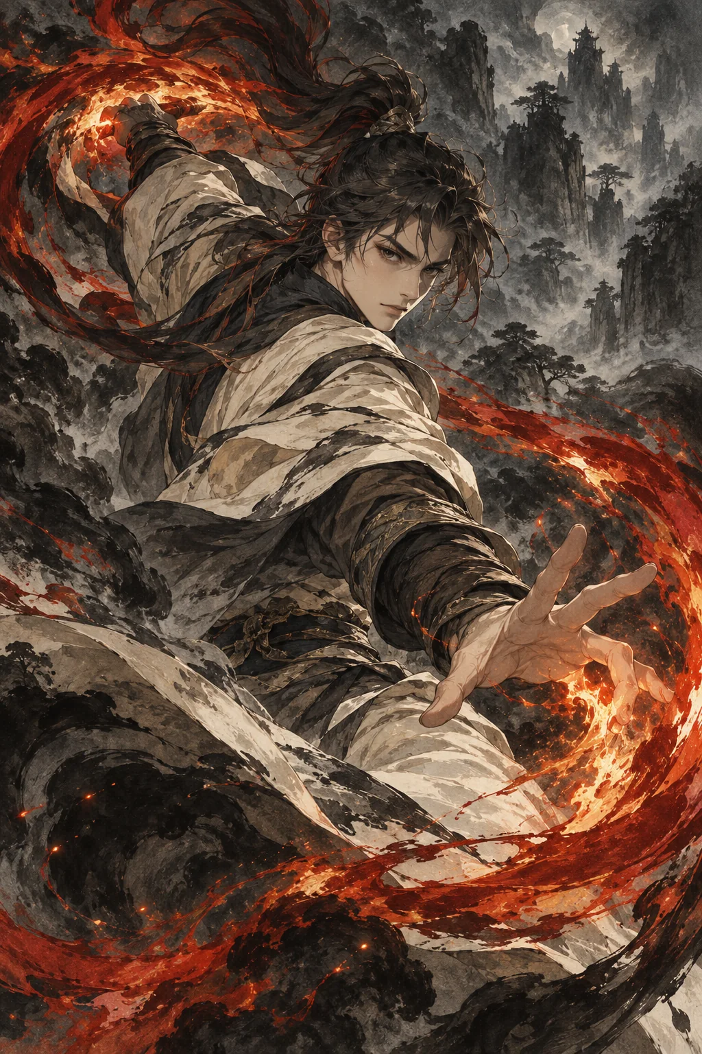 水墨火焰武侠原创主题插画，非官方海报或剧照